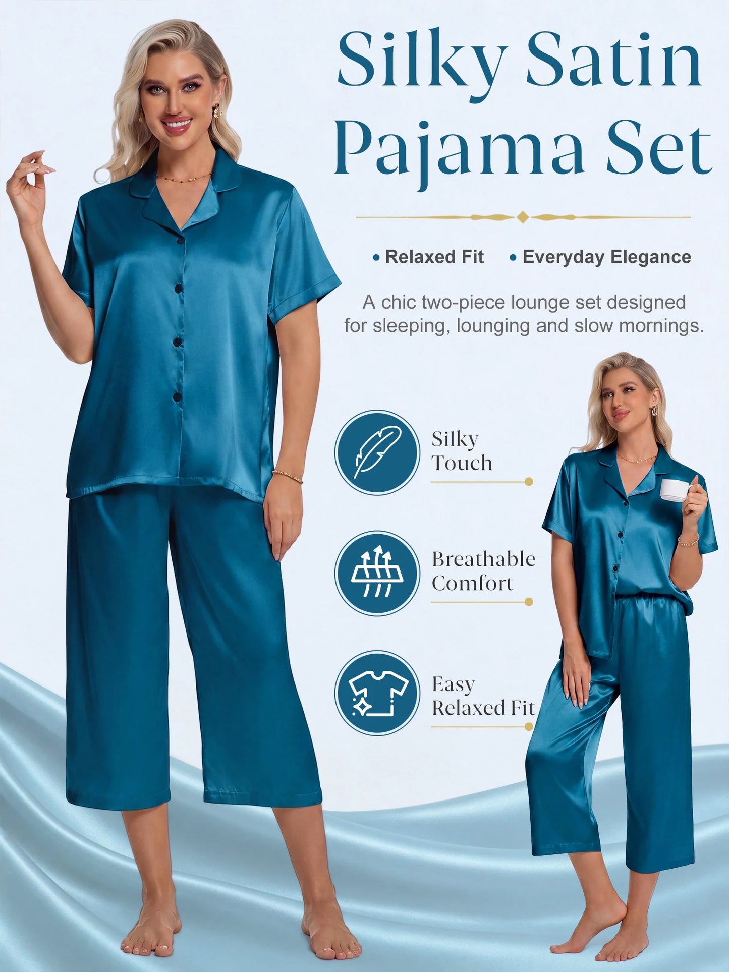 Silk Satin Pajama Set for Women Capri Pajamas Short Sleeve Button down Two Piece Pjs Sleepwear Soft Loungewear Nightwear