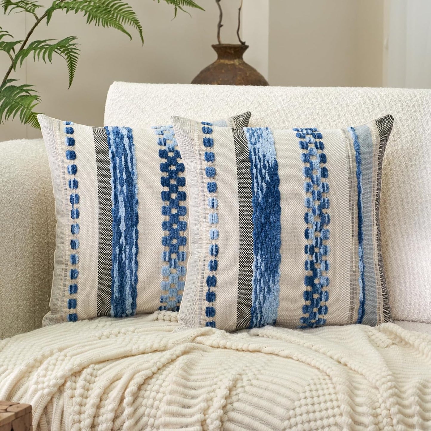 Boho Throw Pillow Covers 18X18 Inch Set of 2, Farmhouse Decorative Striped Square Pillow Covers Chenille Tufted Pillow Cases Accent Neutral Pillowcase for Living Room Couch Bed, Sky Blue