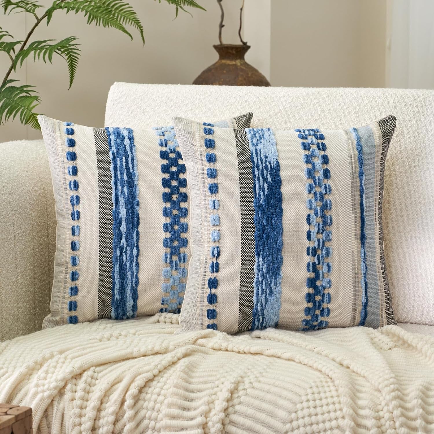 Boho Throw Pillow Covers 18X18 Inch Set of 2, Farmhouse Decorative Striped Square Pillow Covers Chenille Tufted Pillow Cases Accent Neutral Pillowcase for Living Room Couch Bed, Sky Blue