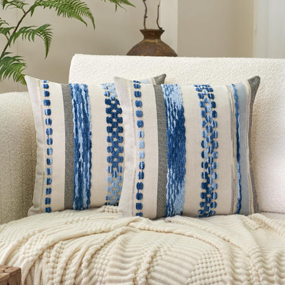Boho Throw Pillow Covers 18X18 Inch Set of 2, Farmhouse Decorative Striped Square Pillow Covers Chenille Tufted Pillow Cases Accent Neutral Pillowcase for Living Room Couch Bed, Sky Blue