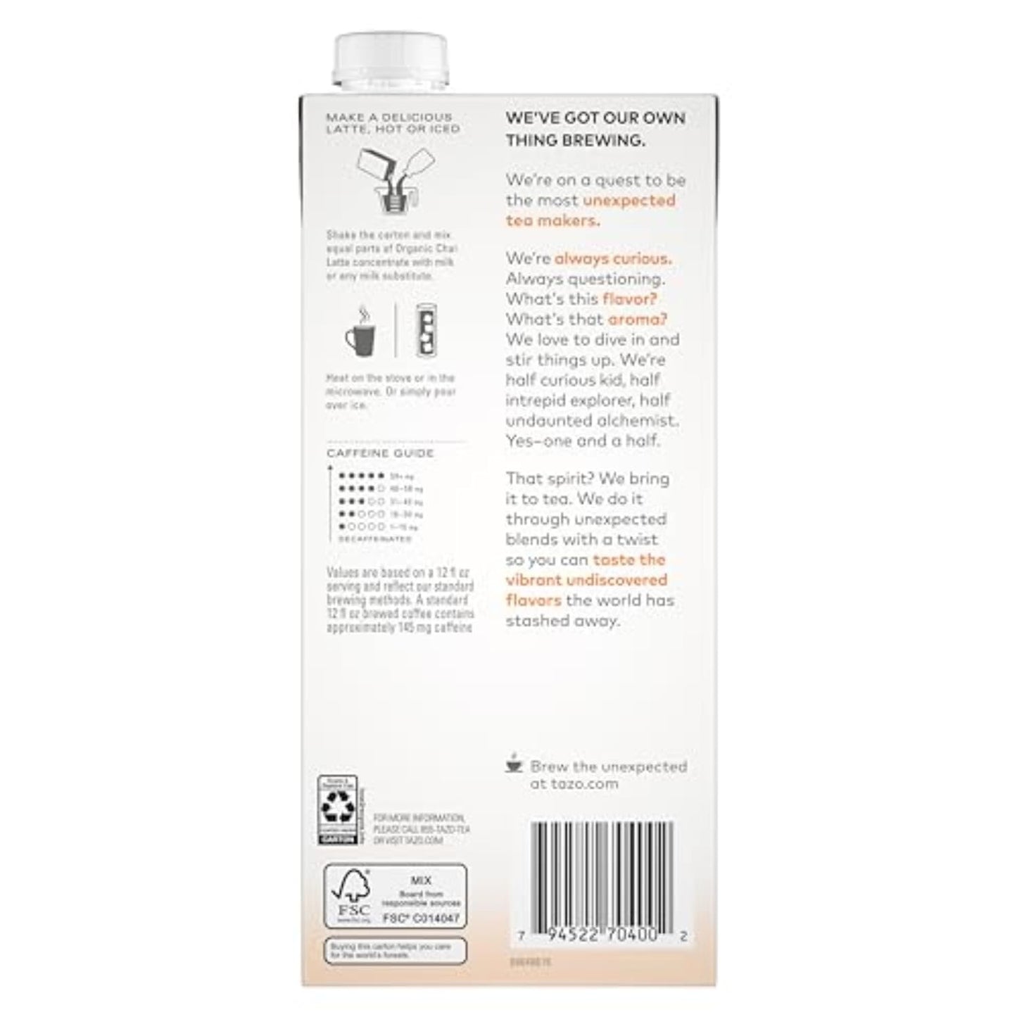 TAZO Organic Chai Latte Concentrate, Hot or Iced Black Tea, Easy-To-Serve, Everyday Lattes and Mocktails, 32 Oz Carton 2 Count (Pack of 2)
