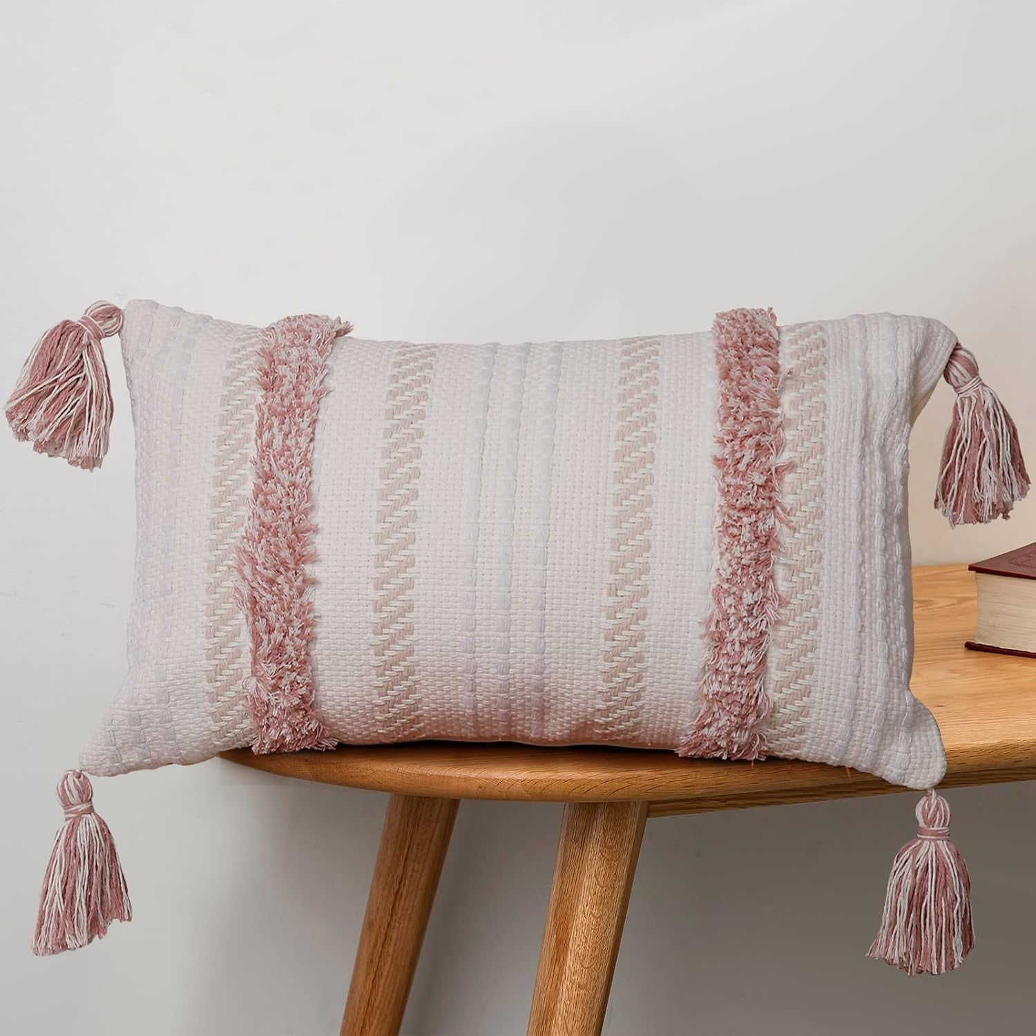 Boho Throw Pillow Covers Tufted Decorative Pillows Cover for Couch Bed Small Lumbar 12 X 20 Inch Pillow Cover, Modern Accent Farmhouse Neutral Throw Pillow Case, Pink | Boho Tufted Lumbar Pillow Cover, Blush Pink Accent for Couch, Bed and Dorm Decor