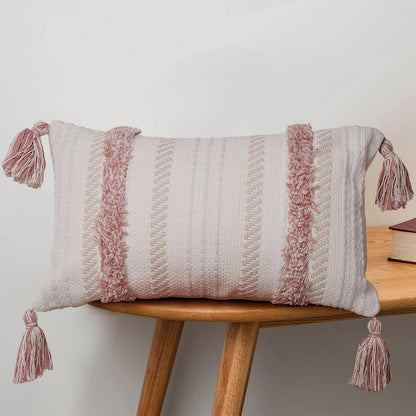 Boho Throw Pillow Covers Tufted Decorative Pillows Cover for Couch Bed Small Lumbar 12 X 20 Inch Pillow Cover, Modern Accent Farmhouse Neutral Throw Pillow Case, Pink | Boho Tufted Lumbar Pillow Cover, Blush Pink Accent for Couch, Bed and Dorm Decor