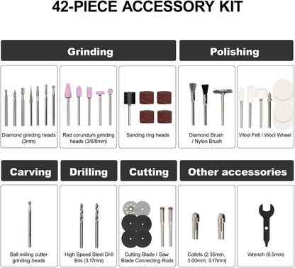 Cordless Rotary Tool Kit, 7.2V with Higher Torque, More Powerful, 5 Speeds 10000 to 28000 RPM, with 42 Accessories, Multi Purposes, Sanding, Polishing, Drilling, Etching, Engraving, DIY Crafts