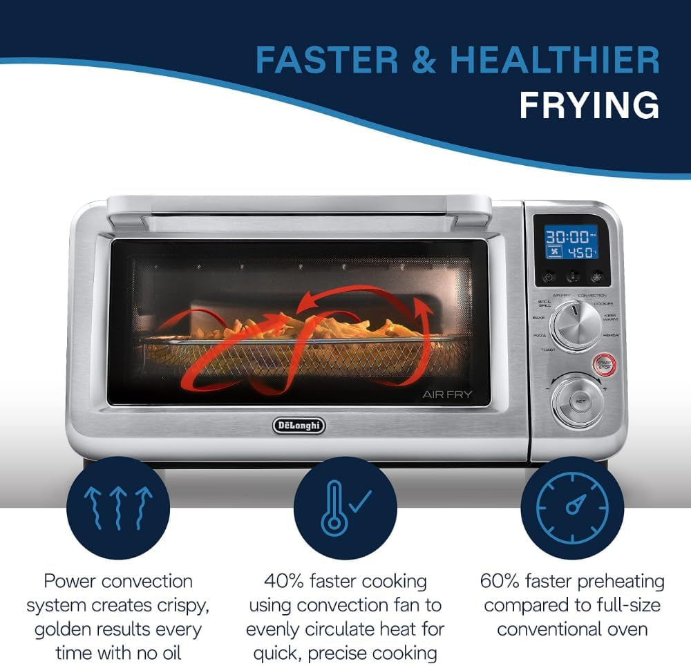 De'Longhi Digital Air Fry Convection Toaster Oven 14L Stainless Steel, Air Fry Oven, 9-In-1, Grills, Broils, Bakes, Roasts, Reheats, Keep Warm, Non-Stick, Scratch-Resistant Interior, 1800-Watts