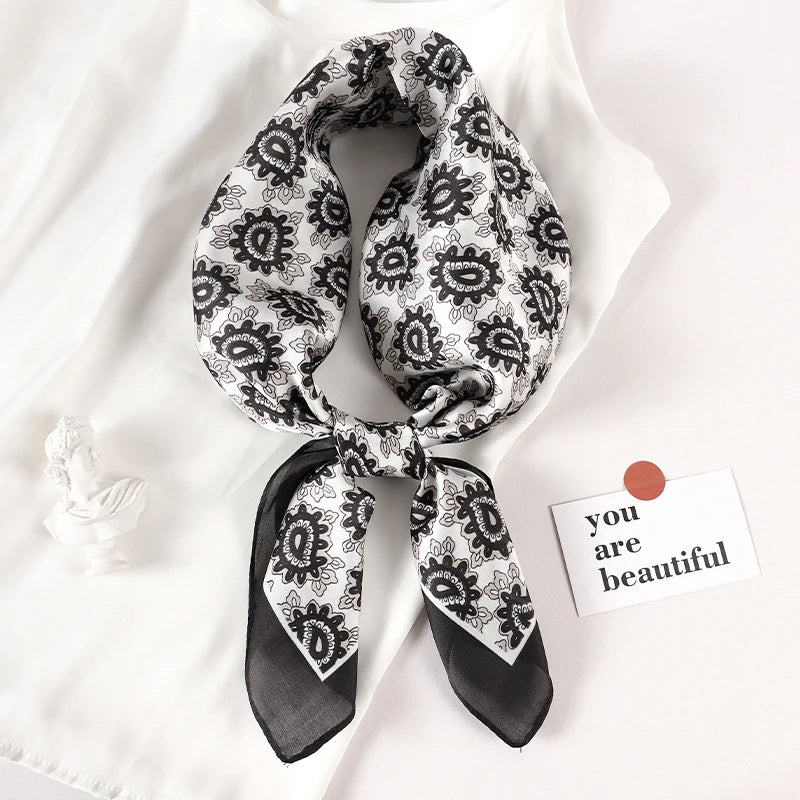 Luxury Brand 2022 Silk Square Scarf Women Cat Neck Hair Tie Band Beach Hijab Kerchief Head Headbands Bandana Female Foulard 70Cm