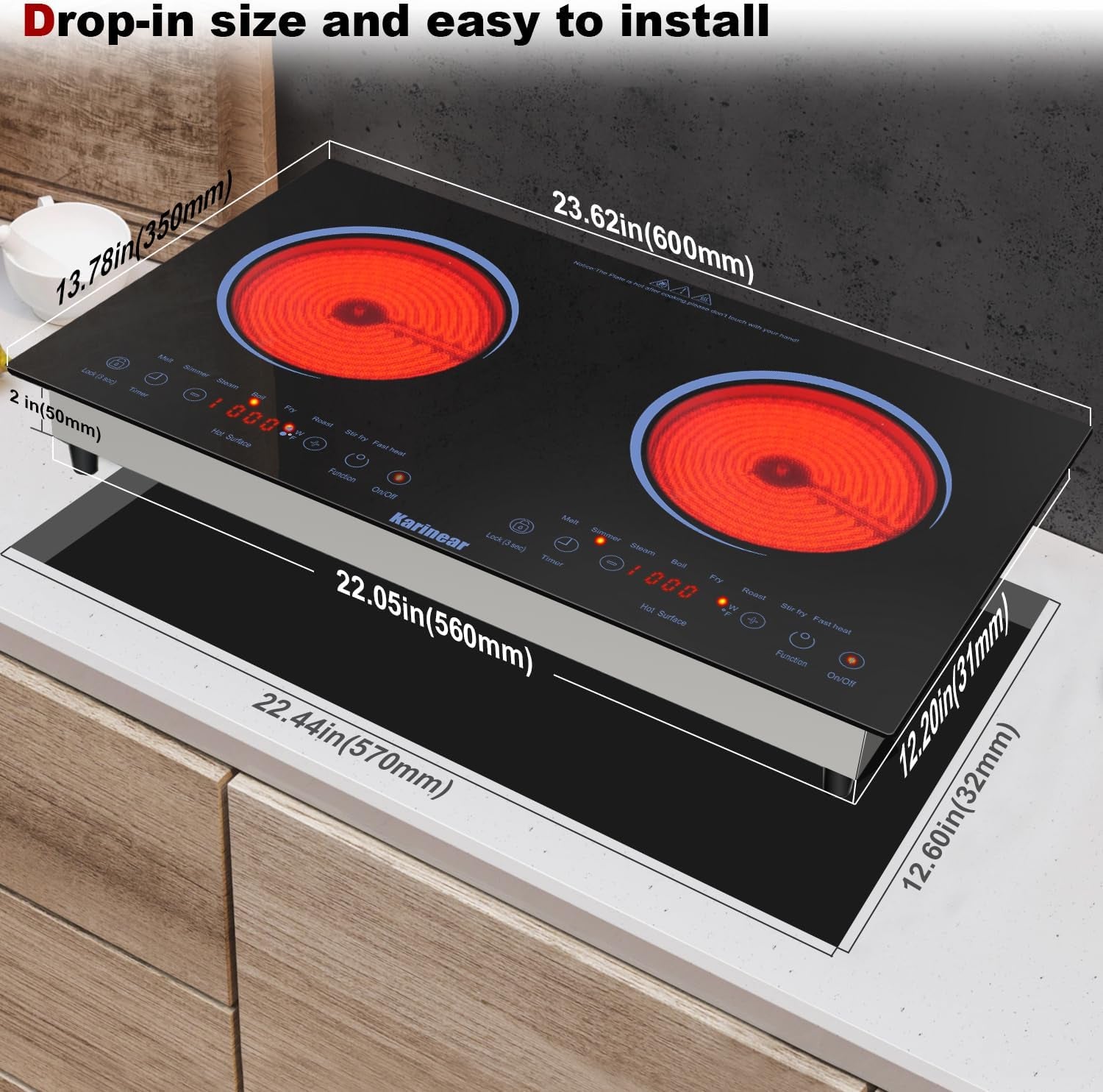 2 Burners Electric Cooktop 24 Inch, 110V~120V Countertop and Built-In Elecric Stove Top, Portable Electric Radiant with Outlet Plug, Sensor Touch, Child Safety Lock, Timer(Blue)