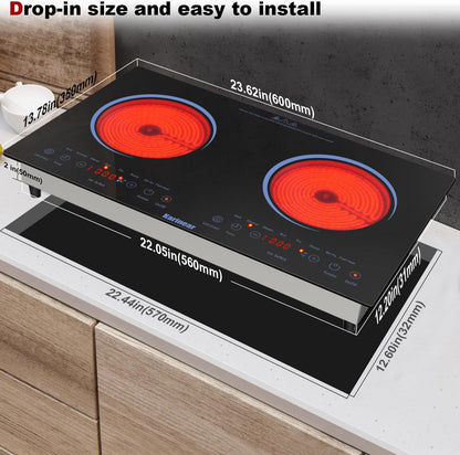 2 Burners Electric Cooktop 24 Inch, 110V~120V Countertop and Built-In Elecric Stove Top, Portable Electric Radiant with Outlet Plug, Sensor Touch, Child Safety Lock, Timer(Blue)