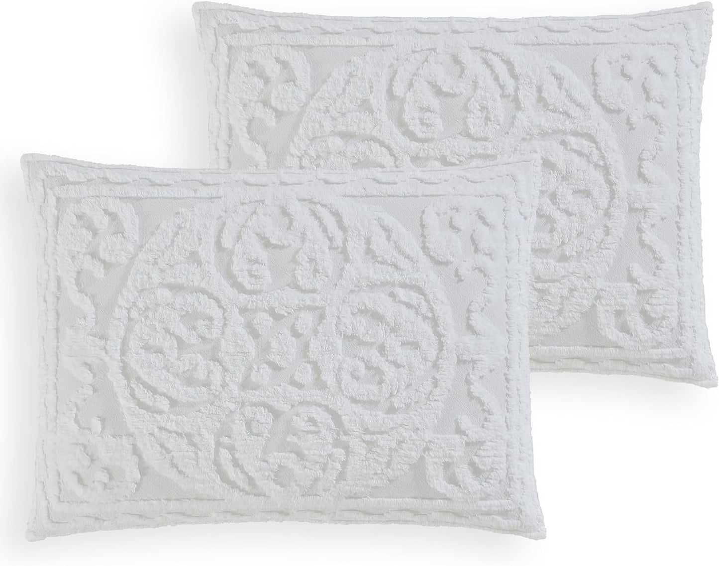 Medallion Queen Cotton Chenille Comforter Set, White | Vintage Tufted Cozy Plush 100% Cotton with Poly Fill 3-Piece Set with Large Centered Medallion Design