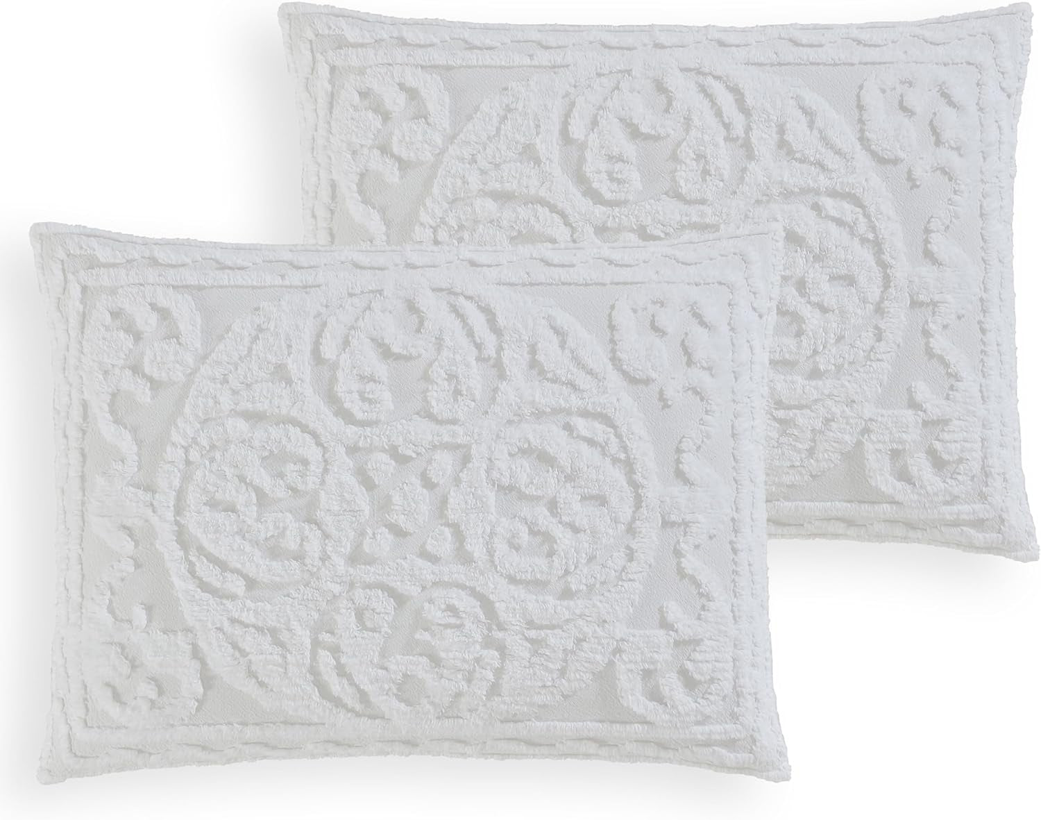 Medallion Queen Cotton Chenille Comforter Set, White | Vintage Tufted Cozy Plush 100% Cotton with Poly Fill 3-Piece Set with Large Centered Medallion Design