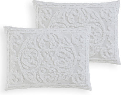 Medallion Queen Cotton Chenille Comforter Set, White | Vintage Tufted Cozy Plush 100% Cotton with Poly Fill 3-Piece Set with Large Centered Medallion Design
