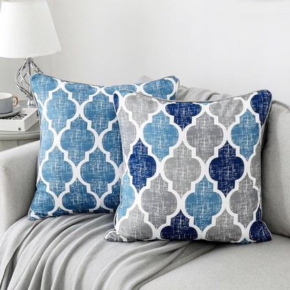 Throw Pillow Covers 20X20 for Couch Sofa Moroccan Blue Gray 2 Sets | Soft Chenille Print Geometric Velvet 2-Sided Pattern Decorative Square Standard Pillowcases for Bedroom Living Room
