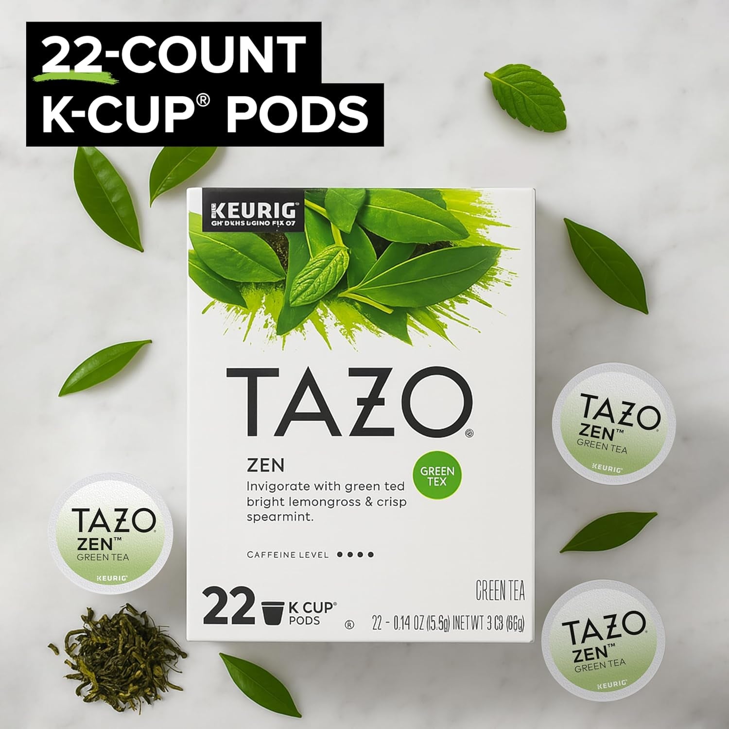 TAZO Zen Green Tea K-Cups, Green Tea Zen for Health and Wellness, 22 Pods | Zen Green Tea K-Cups for Quick Keurig Brewing Offer a Blend of Organic Green Tea, Lemon Verbena, Lemongrass and Spearmint