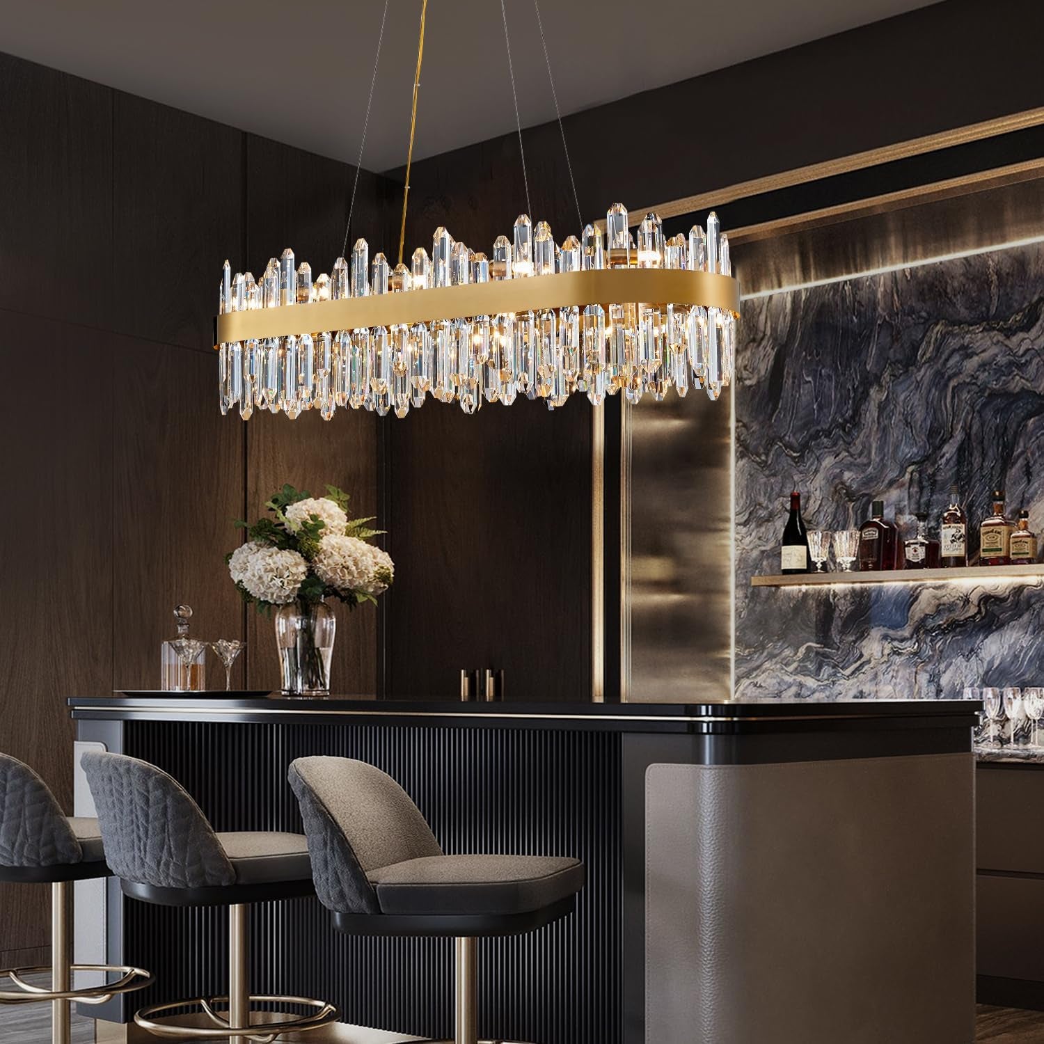 Modern Crystal Chandelier, 20-Lights Rectangle Gold Raindrop Chandelier Luxury Oval Pendant Ceiling Light Fixture for Living Room Dining Room Kitchen Island L35.4''