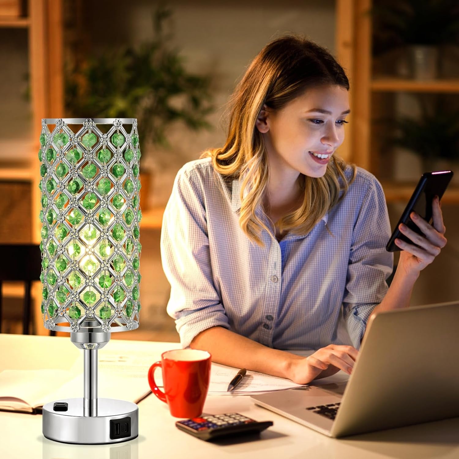 Green Crystal Lamp Touch Control Set of 2, Crystal Table Lamps with USB C+A Ports & AC Outlet, 3-Way Dimmable Nightstand Touch Lamp, Modern Bedside Table Lamp for Bedroom(Bulbs Included)