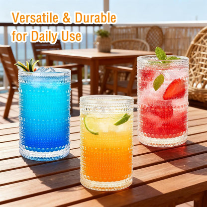 12 Pack Hobnail Drinking Glasses, 12 Oz Highball Glasses | Vintage Textured Glass Cups for Beer, Whiskey, Juice & Cocktails, Boho Glassware Set for Home Bar, Kitchen – Gift Ready