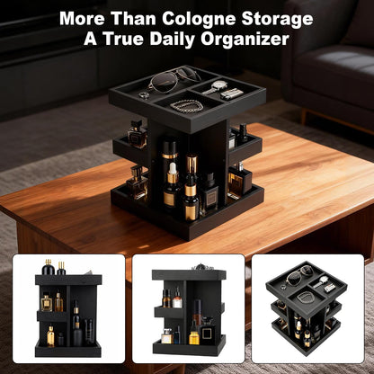 Cologne Organizer for Men, 3-Tier Wood Perfume Stand, Black | 360° Rotation, for Desk, Nightstand, Dresser, Birthday Gift for Husband, Boyfriend, Dad