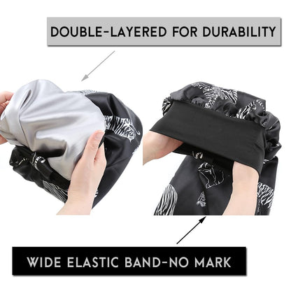 Extra Long Black Satin Bonnet for Women Silver Tiger, Adjustable Elastic Sleep Cap for Long Braids Locs Natural Hair, Frizz-Free Nighttime Hair Protector