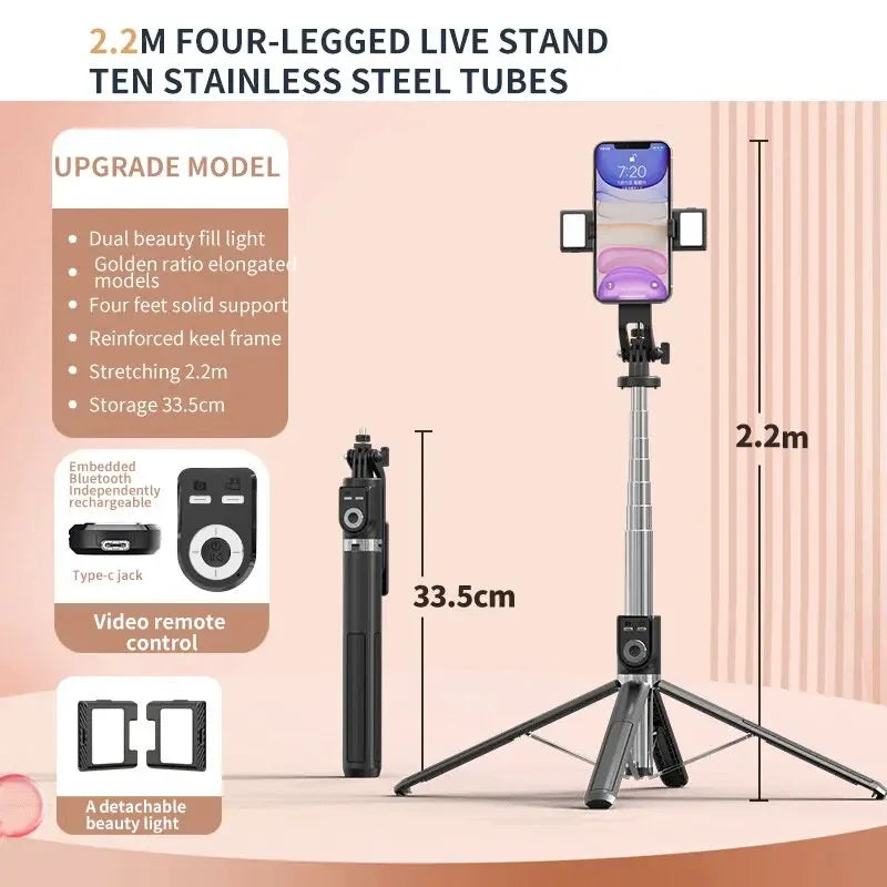 2.2M Selfie Stick 360 Degree Rotating Stand Foldable Bluetooth Selfie Stick Live Broadcast Bracket with Fill Light