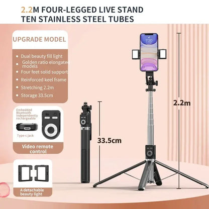 2.2M Selfie Stick 360 Degree Rotating Stand Foldable Bluetooth Selfie Stick Live Broadcast Bracket with Fill Light