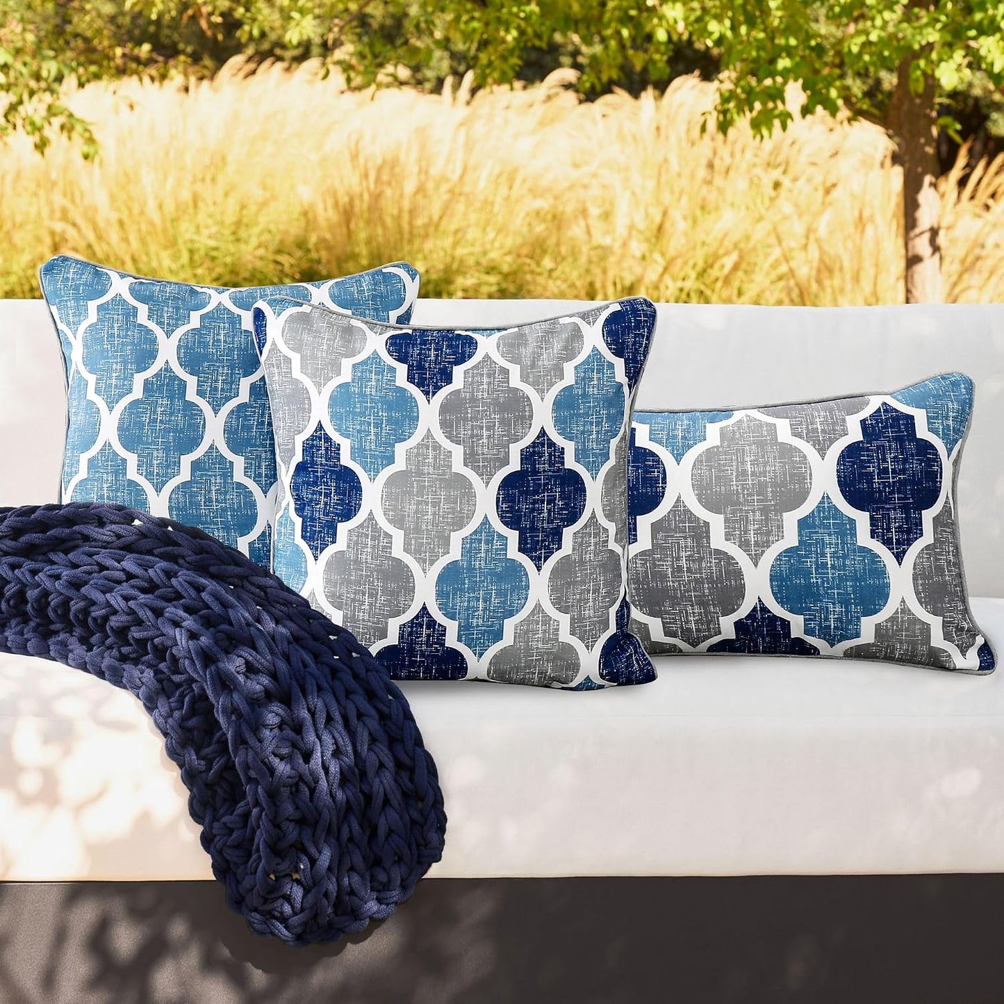 Throw Pillow Covers 20X20 for Couch Sofa Moroccan Blue Gray 2 Sets | Soft Chenille Print Geometric Velvet 2-Sided Pattern Decorative Square Standard Pillowcases for Bedroom Living Room