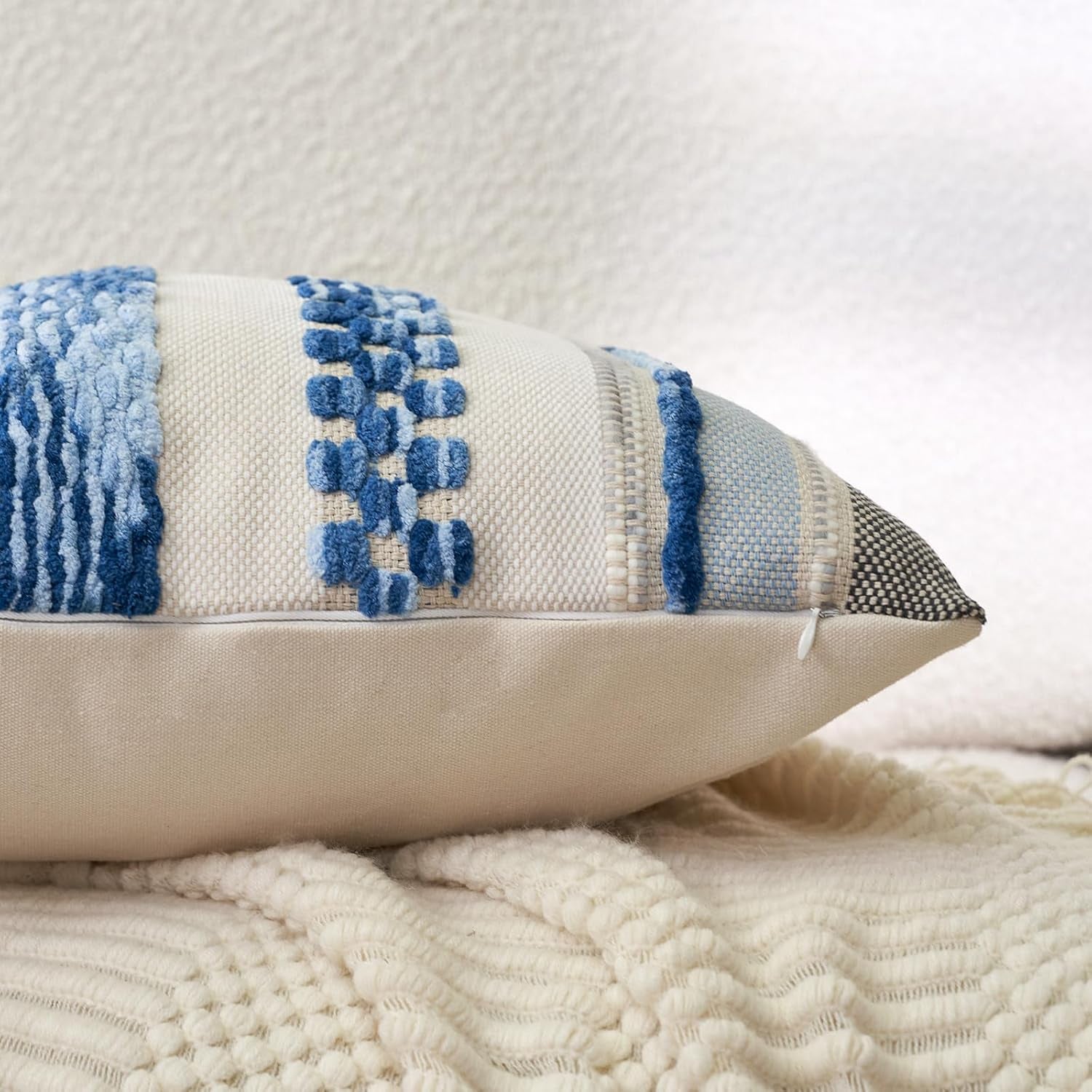 Boho Throw Pillow Covers 18X18 Inch Set of 2, Farmhouse Decorative Striped Square Pillow Covers Chenille Tufted Pillow Cases Accent Neutral Pillowcase for Living Room Couch Bed, Sky Blue