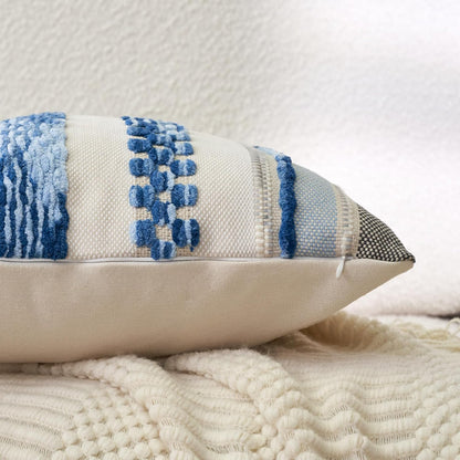 Boho Throw Pillow Covers 18X18 Inch Set of 2, Farmhouse Decorative Striped Square Pillow Covers Chenille Tufted Pillow Cases Accent Neutral Pillowcase for Living Room Couch Bed, Sky Blue