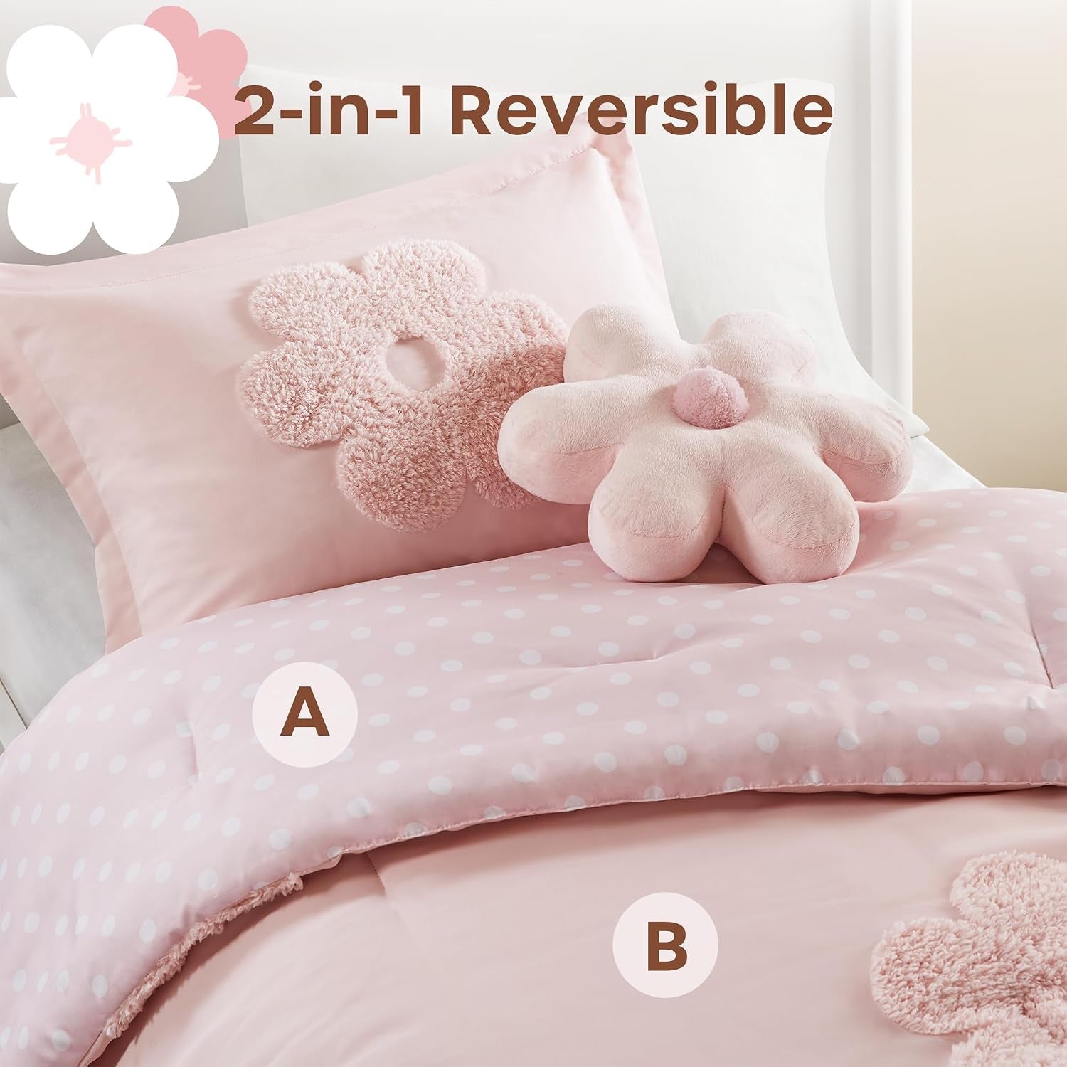 Kids Pink Floral Twin Comforter Set for Girls, 3Pc | Tufted Chenille, Polka Dot Reverse, Machine Washable, All Season, Lightweight, Bedding Set, Ultra Soft