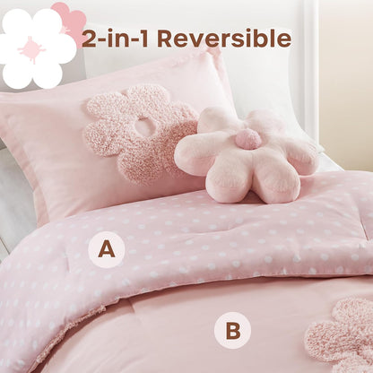 Kids Pink Floral Twin Comforter Set for Girls, 3Pc | Tufted Chenille, Polka Dot Reverse, Machine Washable, All Season, Lightweight, Bedding Set, Ultra Soft