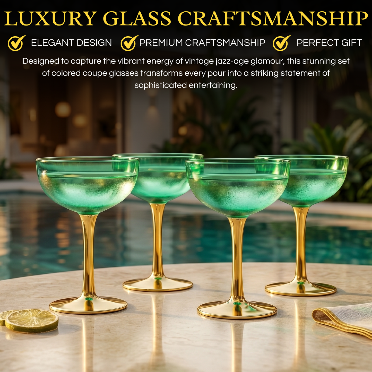 Colored Coupe Art Deco Glasses Gold Set Of 4 12 Oz
