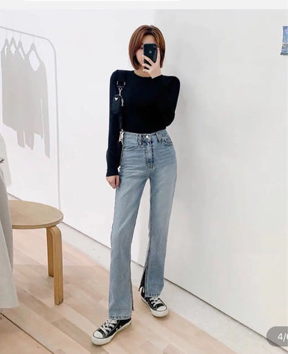 Ladies High Rise Straight Leg Jeans with Side Slit - Zayd’s Department Store