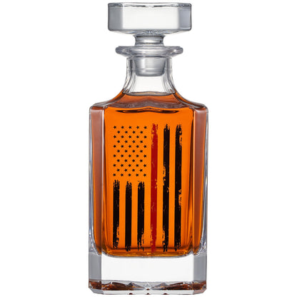 Firefighter Tactical Red Tattered American Flag Whiskey Decanter Gift Set