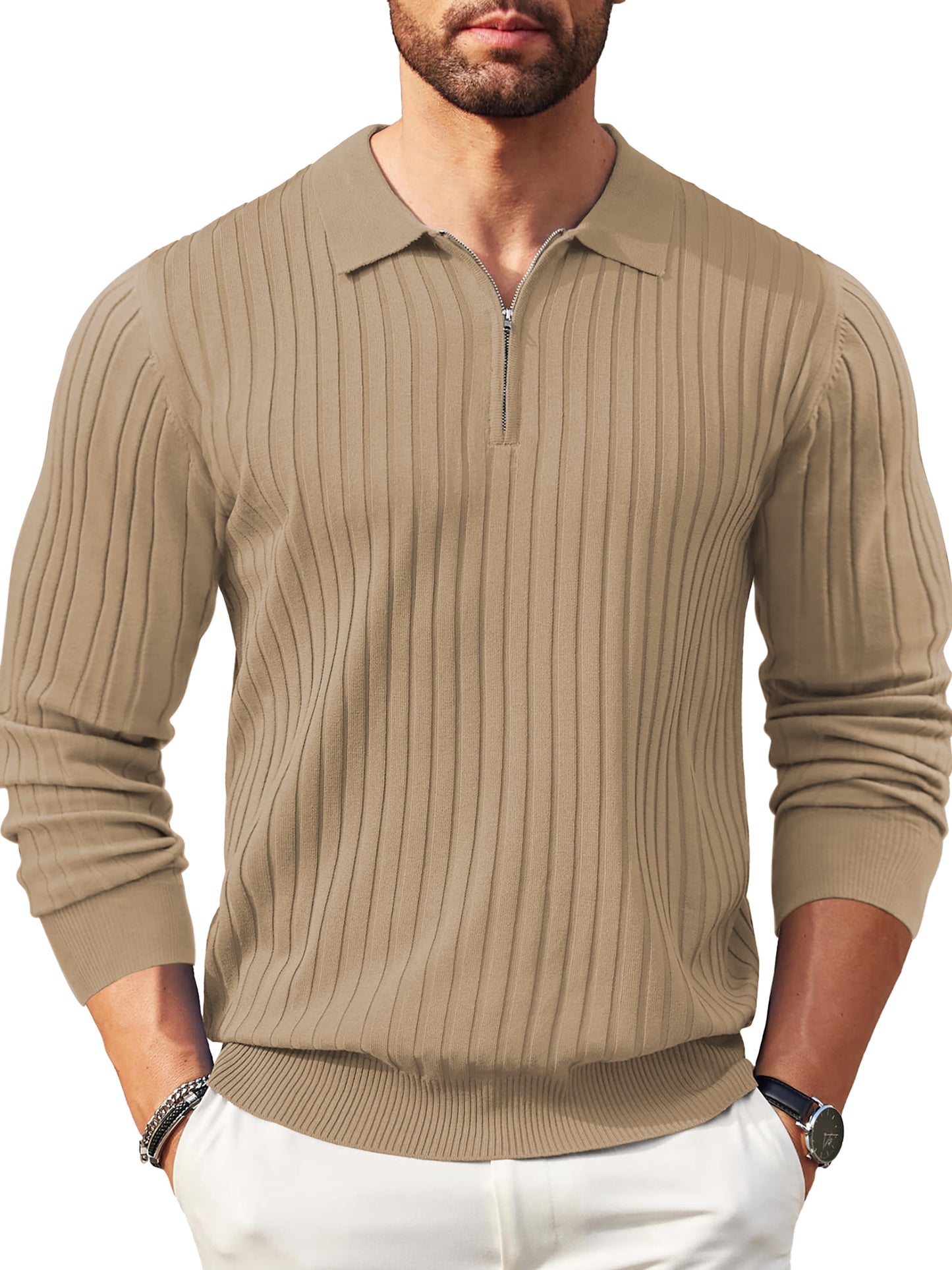 Polo Shirts for Men Casual Long Sleeve Mens Shirts Zipper Ribbed Knit Shirt