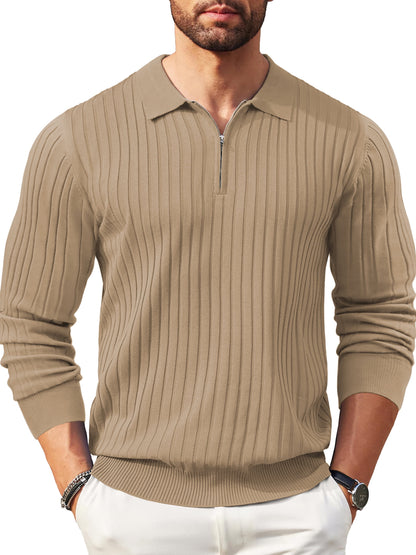 Polo Shirts for Men Casual Long Sleeve Mens Shirts Zipper Ribbed Knit Shirt
