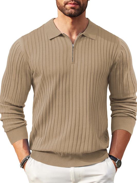 Polo Shirts for Men Casual Long Sleeve Mens Shirts Zipper Ribbed Knit Shirt