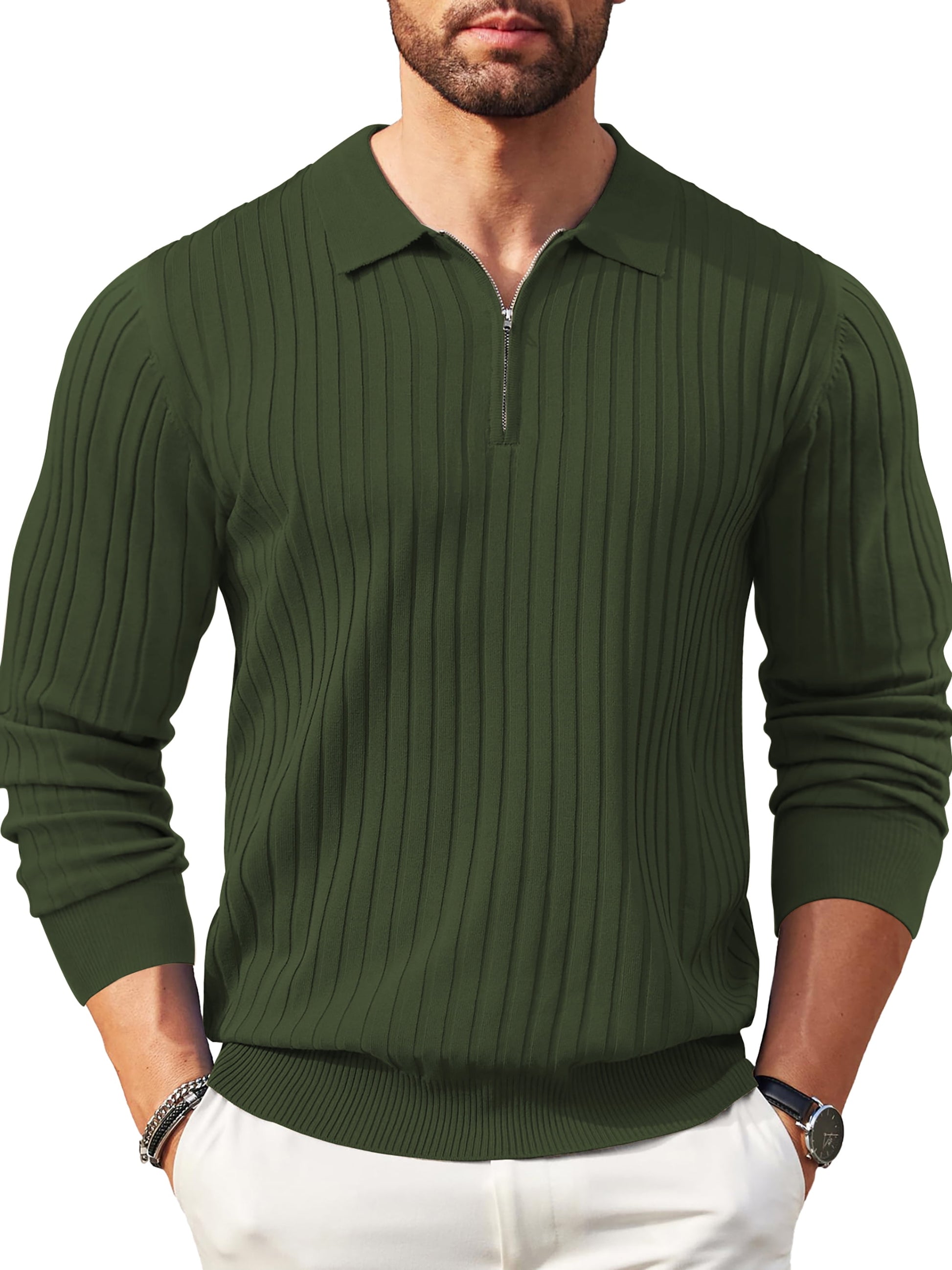 Polo Shirts for Men Casual Long Sleeve Mens Shirts Zipper Ribbed Knit Shirt