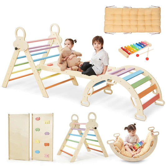Pikler Triangle Set for kids 8 in 1 Colorful Montessori Large Climbing Toys for Toddlers 1-6 Inside with Ramp Arch and Foldable Climbing Triangle Climbing Toys Wooden Child Indoor Playground - Zayd’s Department Store
