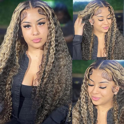 Vlusee 13x6 Deep Wave Lace Front Wigs Human Hair Fb/27 Ombre Blonde Lace Front Wig Human Hair Pre Plucked 13x6 HD Full Lace Frontal Curly Human Hair Glueless Wig for Women 24 Inch - Zayd’s Department Store
