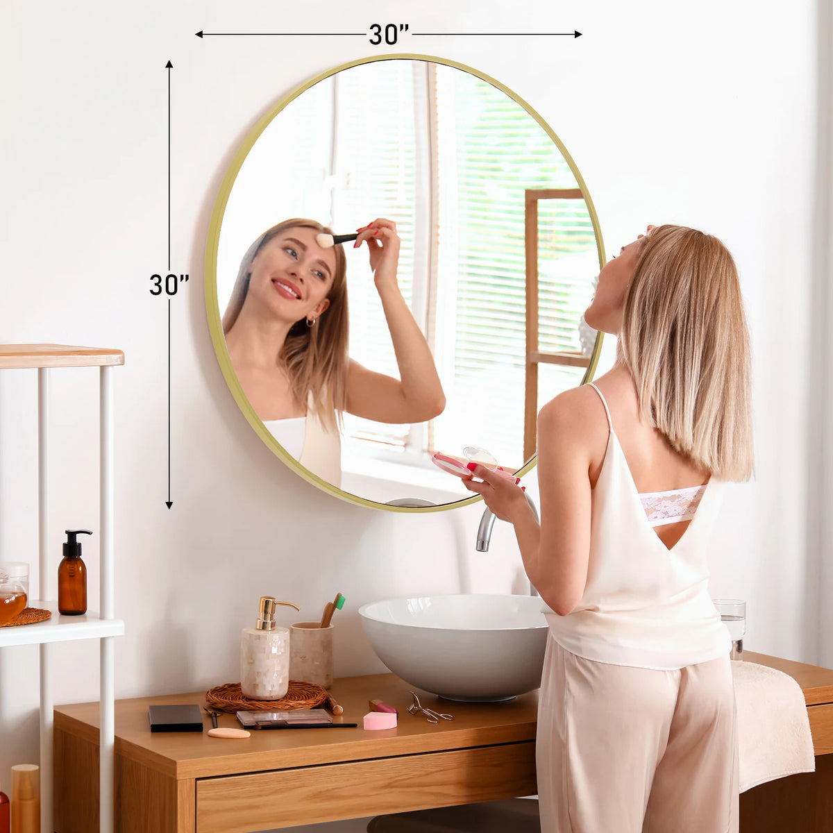 JHK Large Gold Round Vanity Framed Mirror for Wall Matte Metal Framed 30 Inch Modern Mirror Tempered Glass Bedroom Living Room - 30L x 30W Gold