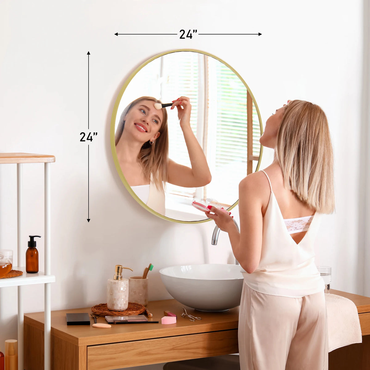 JHK Large Gold Round Vanity Framed Mirror for Wall Matte Metal Framed 30 Inch Modern Mirror Tempered Glass Bedroom Living Room - 24L x 24W Gold