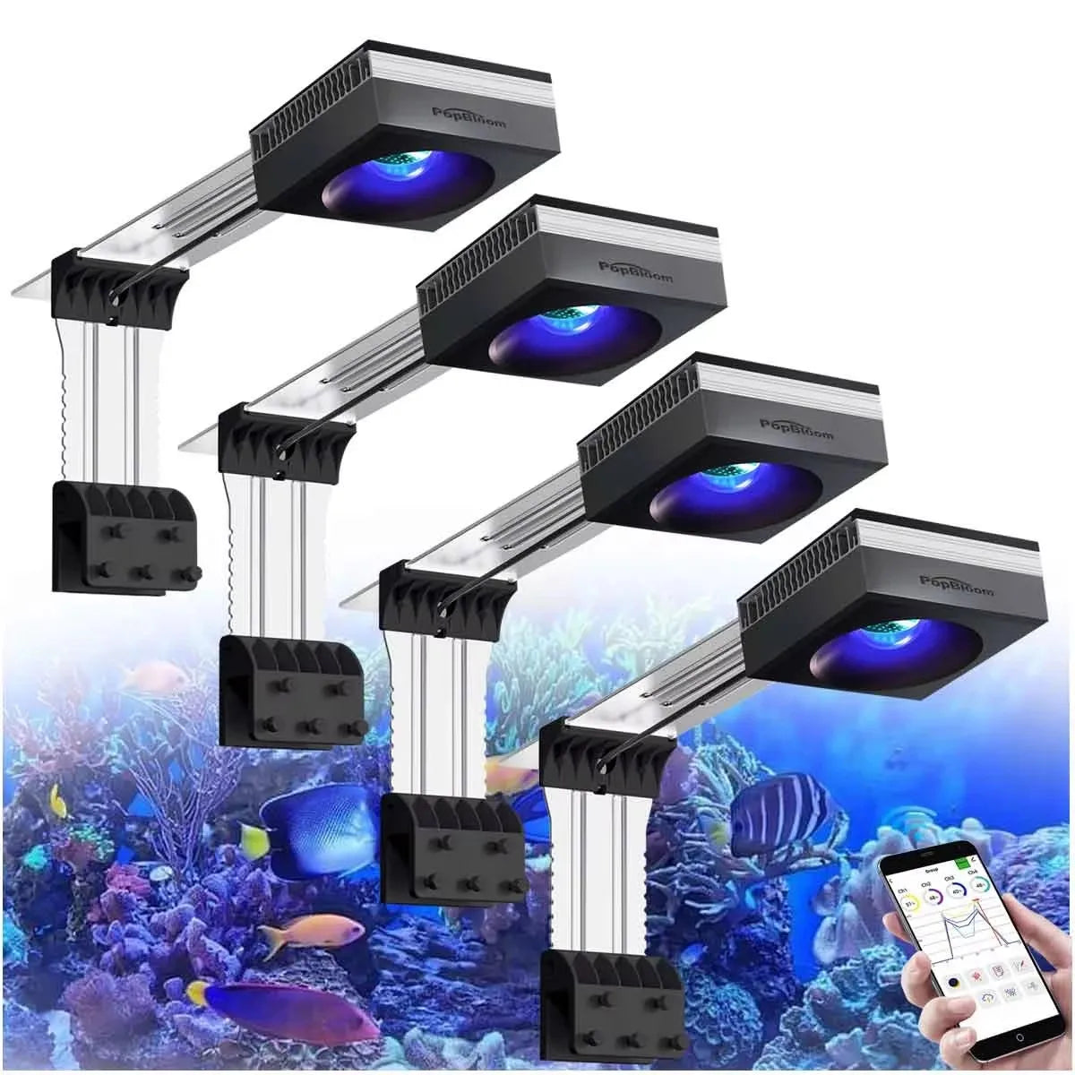PopBloom RL90 WiFi Reef Aquarium Light 100W, Professional Marine Aquarium LED Full Spectrum for Reef Coral SPS/LPS Fish Tank LED - 4 Lamp with Arm kit / US Plug