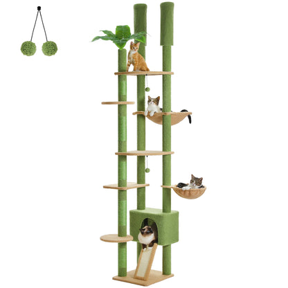Height Adjustable Wooden Cat Tree with Large Hammock Sisal Scratching Posts Floor to Ceiling Cat Tower Cozy Cat Condo for Indoor - AMT0249GN / XL