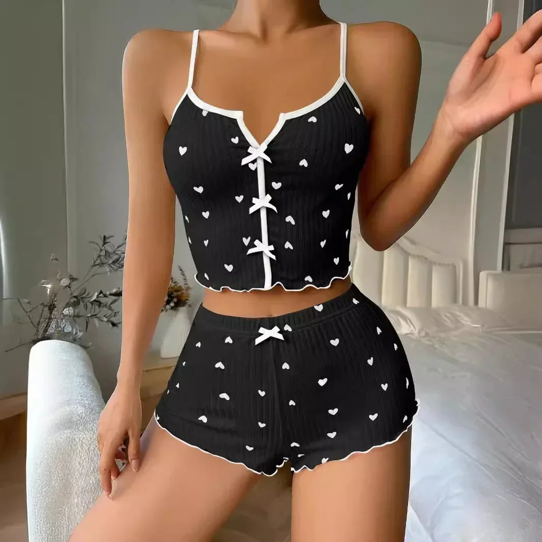 Sleepwear Women Pajamas Set Heart Print Soft Ribbed Fabric with Flirty Frill Trim Casual Cami Top and Shorts Sets Loungewear - 1