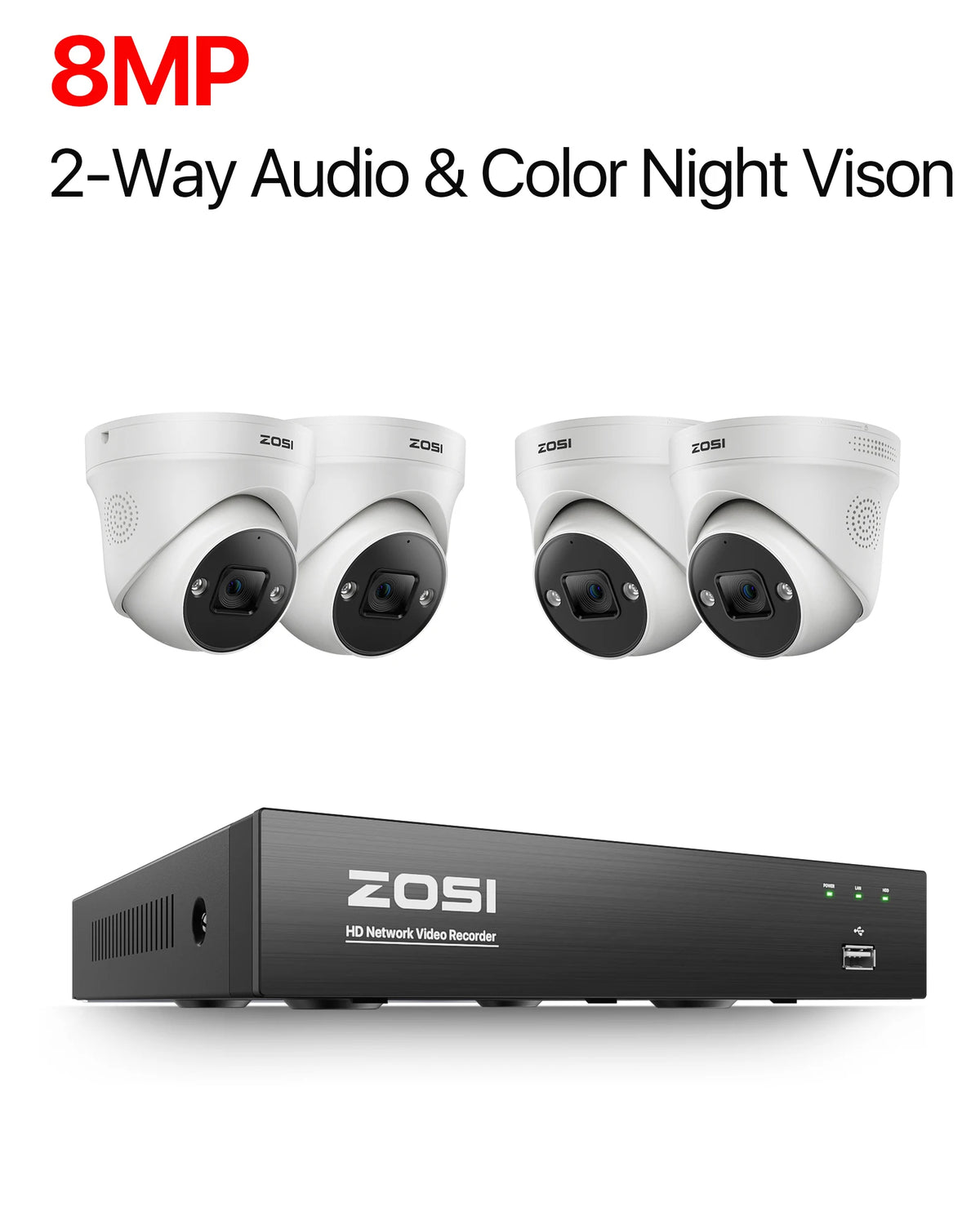 ZOSI 4K 8MP 5MP POE Video Surveillance Kit 8CH H.265 Home CCTV NVR Set Color Night Vision AI Detection IP Security Camera System - 4PCS 8MP Cameras