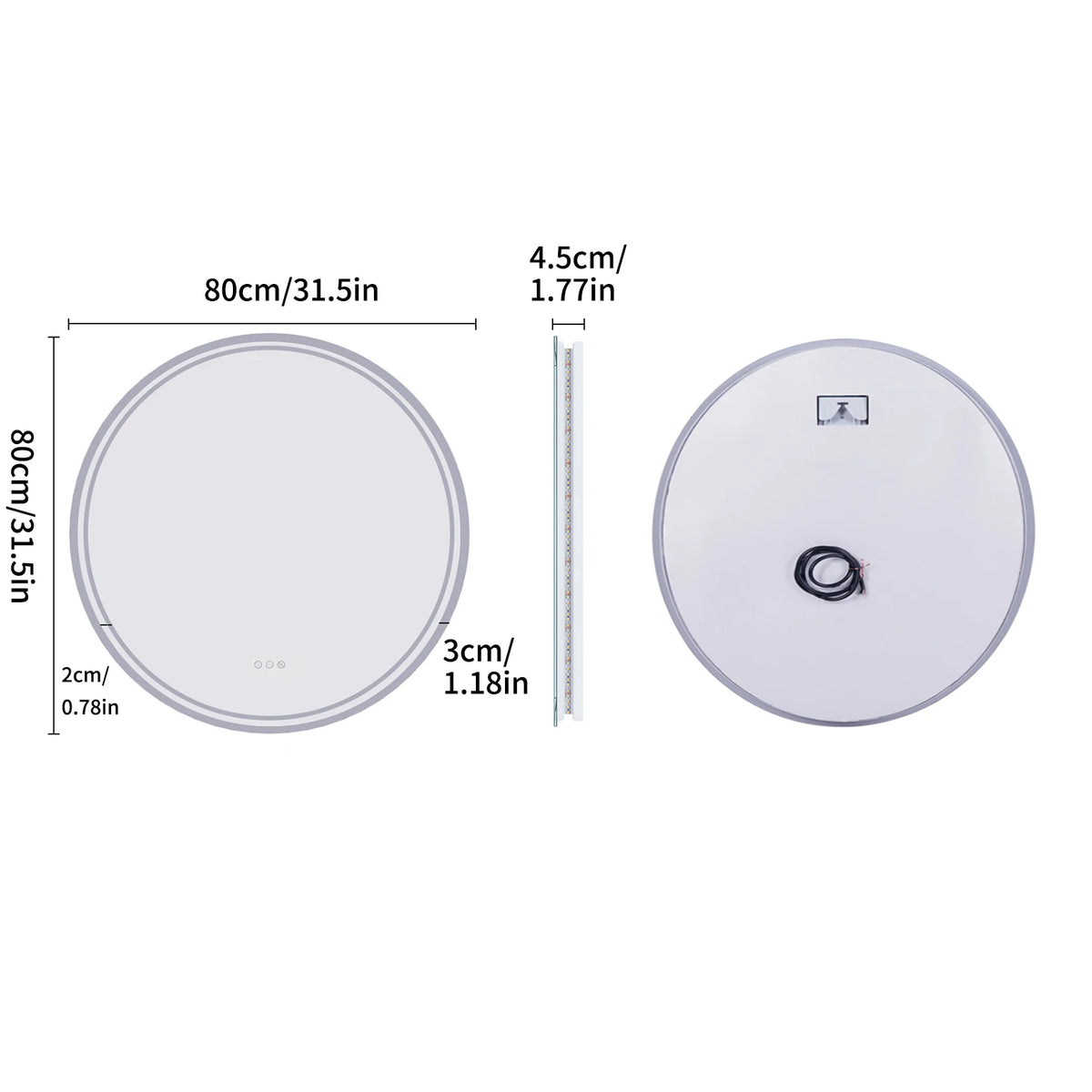 LUVODI 80cm Round Bathroom Mirror with Intelligent Illuminate Touch Screen Dimmable Anti-Fog LED Light for Bathroom - 80cm (32inch)