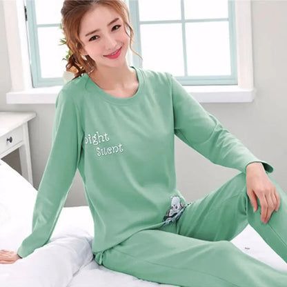 Ladies Pajamas Long Sleeved Cartoon Bear Student Casual Wear Set Easy to Wash Pullover Top and Pants Two-Piece Set Sleepwear - Green