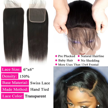Queenlike 12A Straight Human Hair Bundles With Closure 4X4 5X5 6X6 13X4 Lace With 3 Bundles Human Hair Raw Brazilian Hair