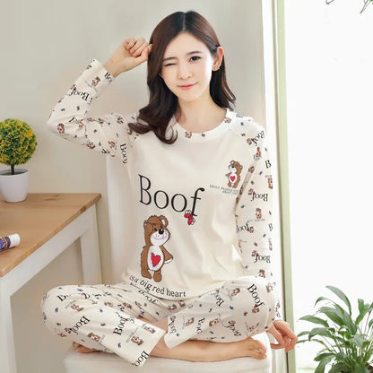 Ladies Pajamas Long Sleeved Cartoon Bear Student Casual Wear Set Easy to Wash Pullover Top and Pants Two-Piece Set Sleepwear - Love Bear