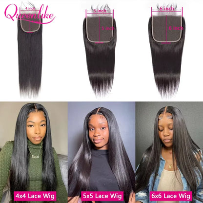 Queenlike 12A Straight Human Hair Bundles With Closure 4X4 5X5 6X6 13X4 Lace With 3 Bundles Human Hair Raw Brazilian Hair