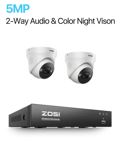 ZOSI 4K 8MP 5MP POE Video Surveillance Kit 8CH H.265 Home CCTV NVR Set Color Night Vision AI Detection IP Security Camera System - 2PCS 5MP Cameras